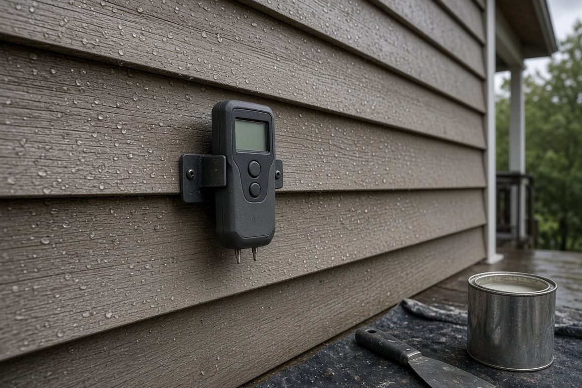 Illustration of a moisture meter on wet siding