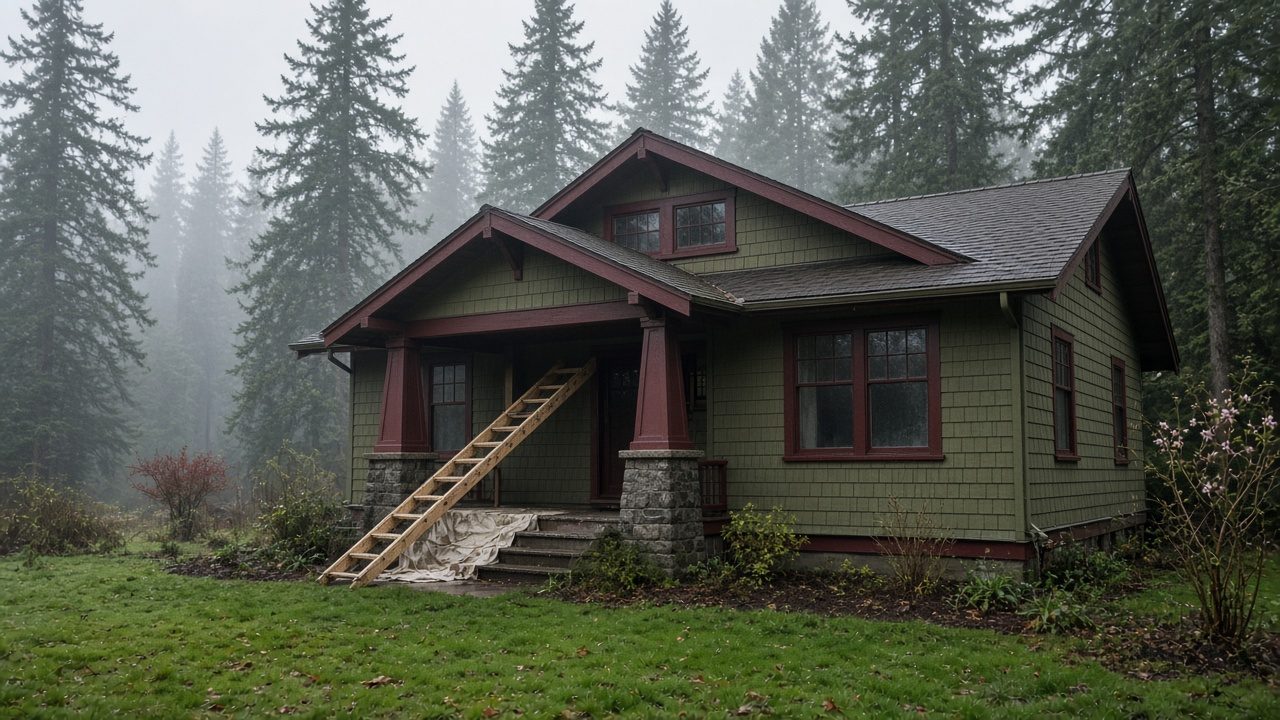 Illustration of a Craftsman bungalow among fir trees on a misty morning