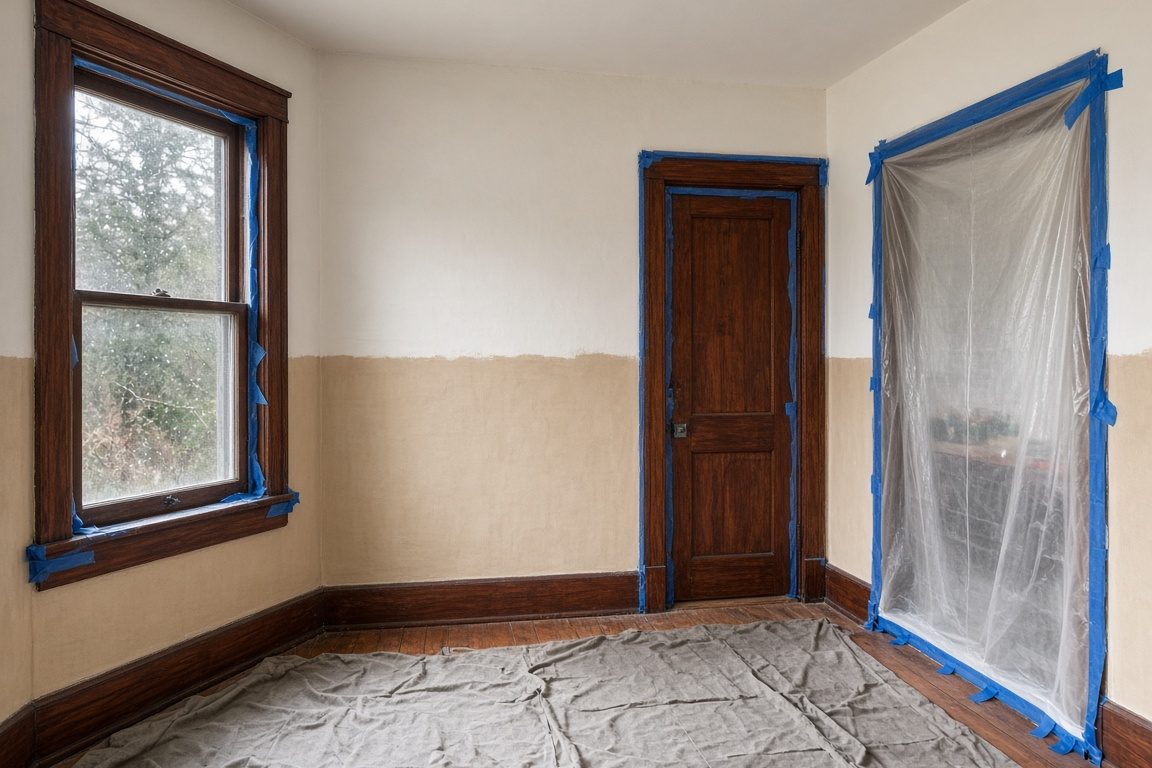 Illustration of an empty Craftsman room with plastic sheeting over a doorway